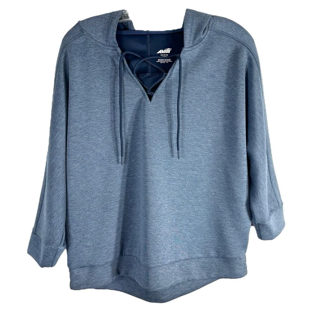 Avia Size Large Hoodie Sweatshirt Cropped Dolman Sleeve Lace Up Blue 1509